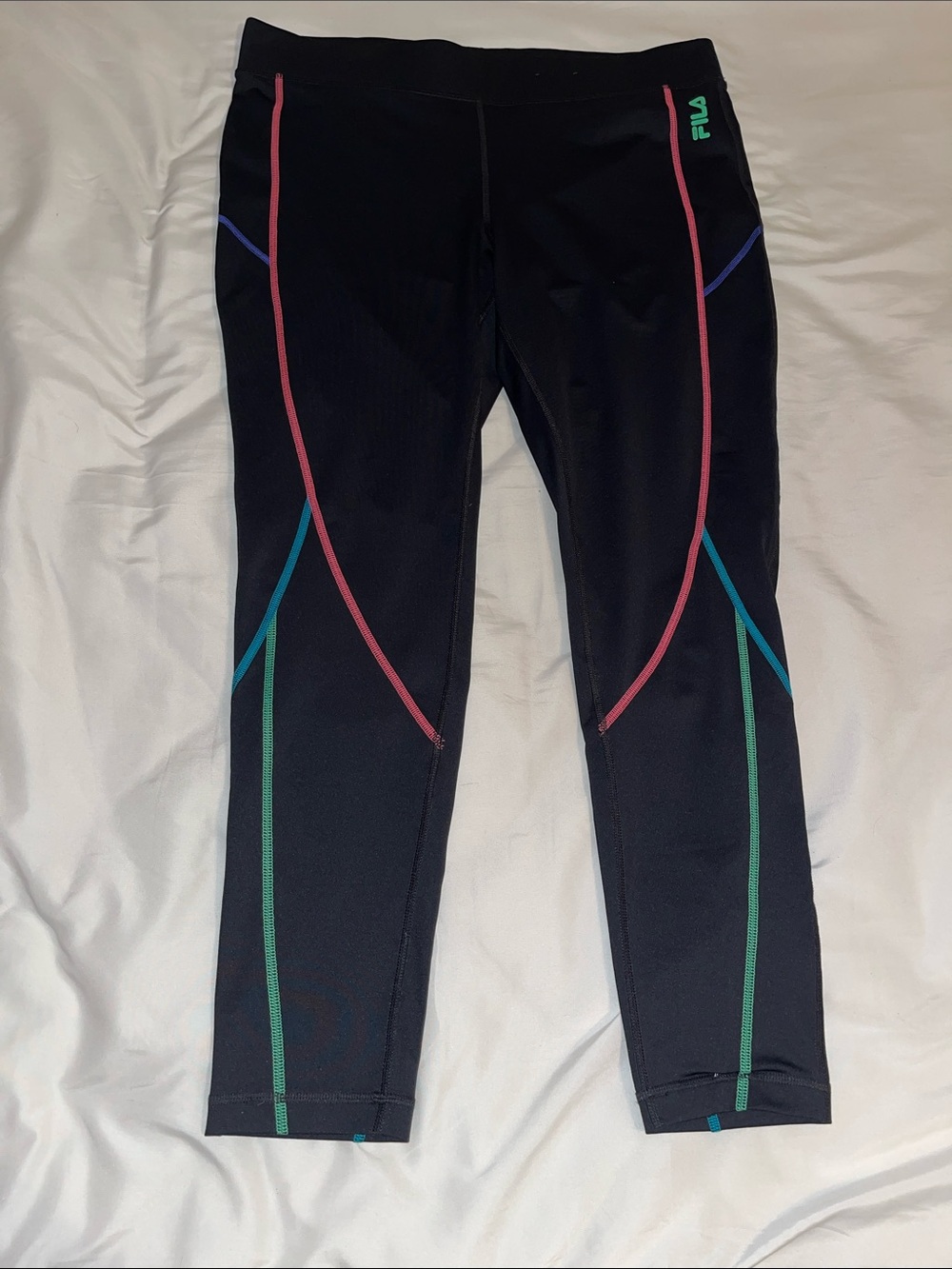 Fila women’s Black athletic leggings with Pink, Teal, Green and Blue Accents XL